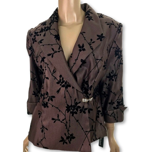 R & M Richards Size 8 Brown/Black Blazer Jacket Crystal Pin Closure 3/4 Sleeve - Picture 1 of 5